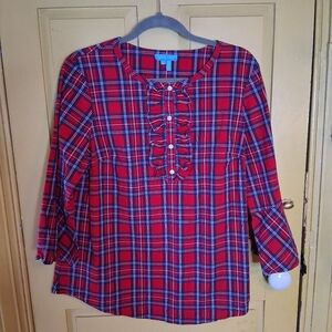 Draper James Red and Black Plaid Stretch Cotton Blouse With Ruffled Placket Sz L